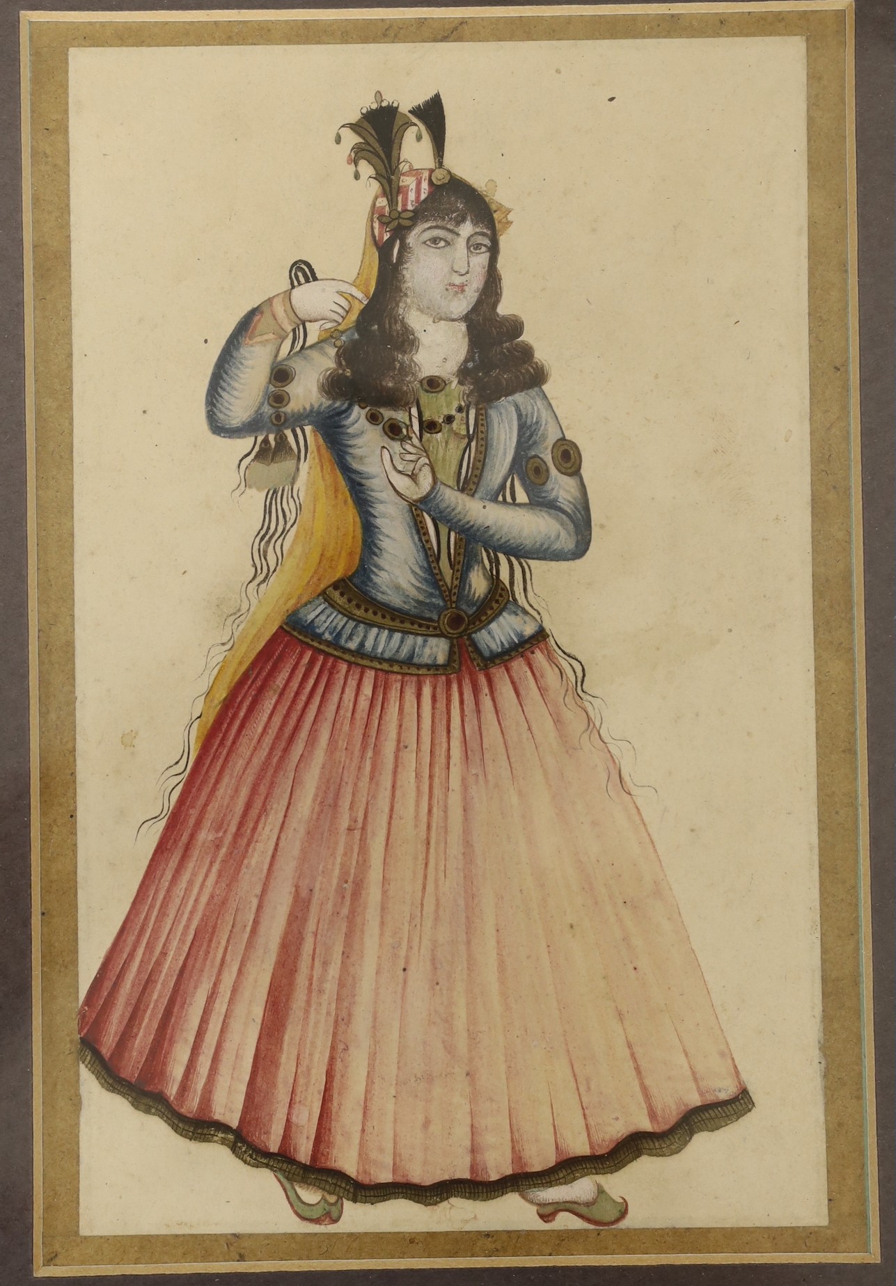 Indian School, late 19th/ early 20th century, Mughal style, three gouaches, young female, tiger hunt, and others, largest 17 x 10cm